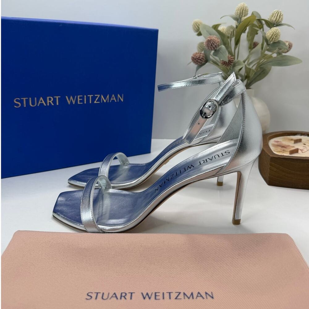 Stuart Weitzman Nunakedcurve 85 Ankle Strap Sandal Silver Women's 10B Tried On